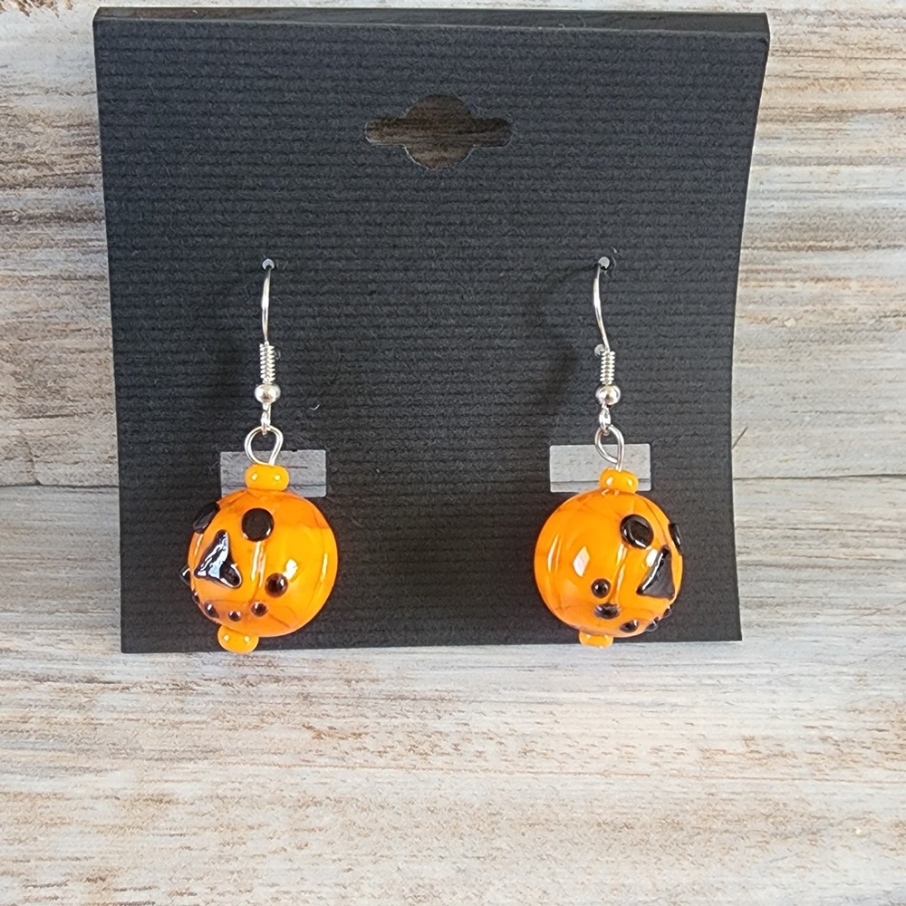 Halloween Pumpkin Jack-O-Lantern Glass Dangle Earrings Orange Black Festive